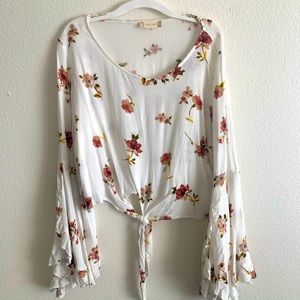 Floral Long-Sleeve Flowy Blouse with Front Tie
